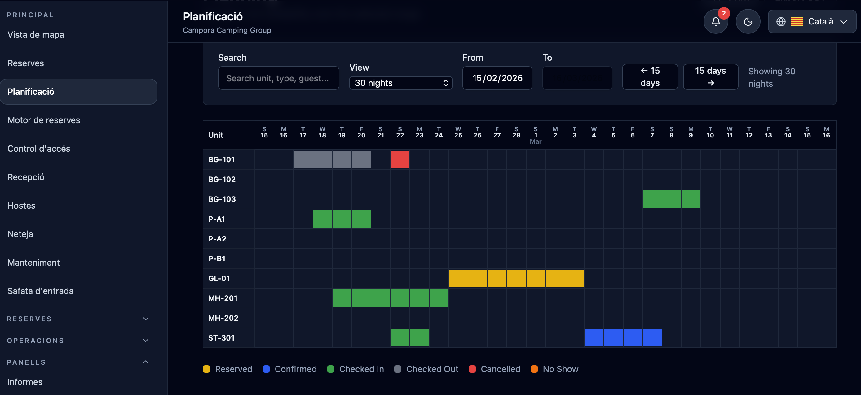 Calendrier de planification Campora avec états d'occupation et planification des réservations.